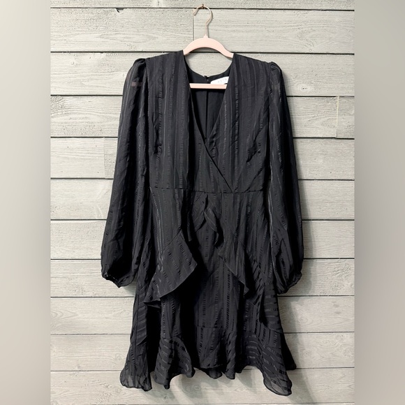 Astr Pants - ASTR the Label Black Striped Satiny Silk Long Sleeve Ruffle Mini Dress Sz M